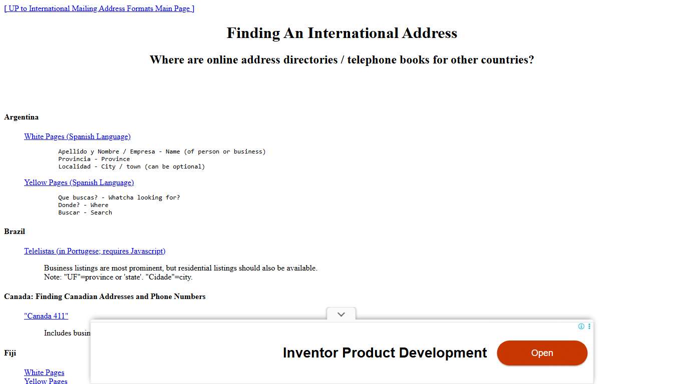 Finding An International Address: Where are online address directories / telephone books for other countries?